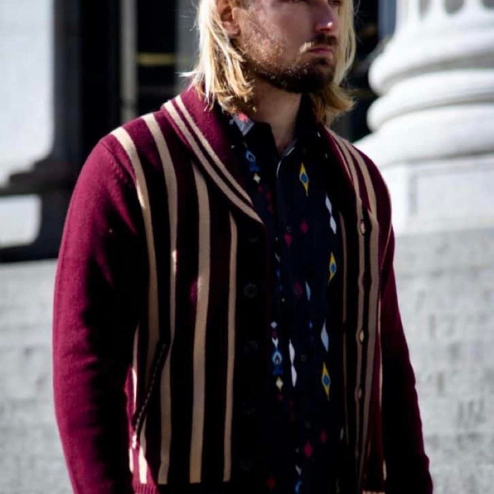 CRWTH Billy The Kid Burgundy Striped Shawl Collar Cardigan Men's L NWT $250